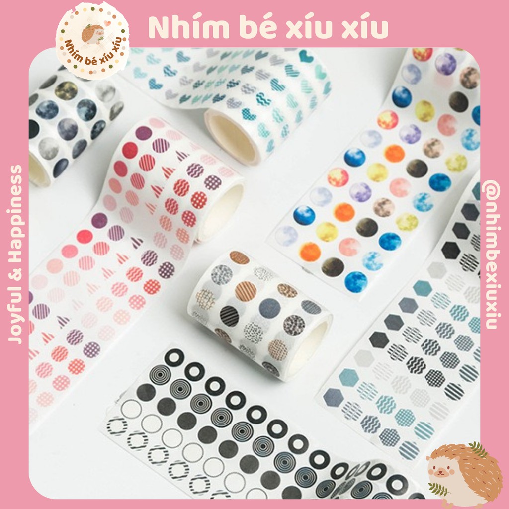 Cuộn sticker chấm tròn/hình khối/hoa/trái tim/thiên hà/bầu trời 12mm VT87