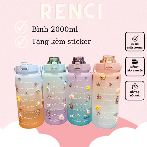 Bình đựng nước 2 lít cao cấp có vạch báo giờ kèm ống hút thiết kế chống tràn