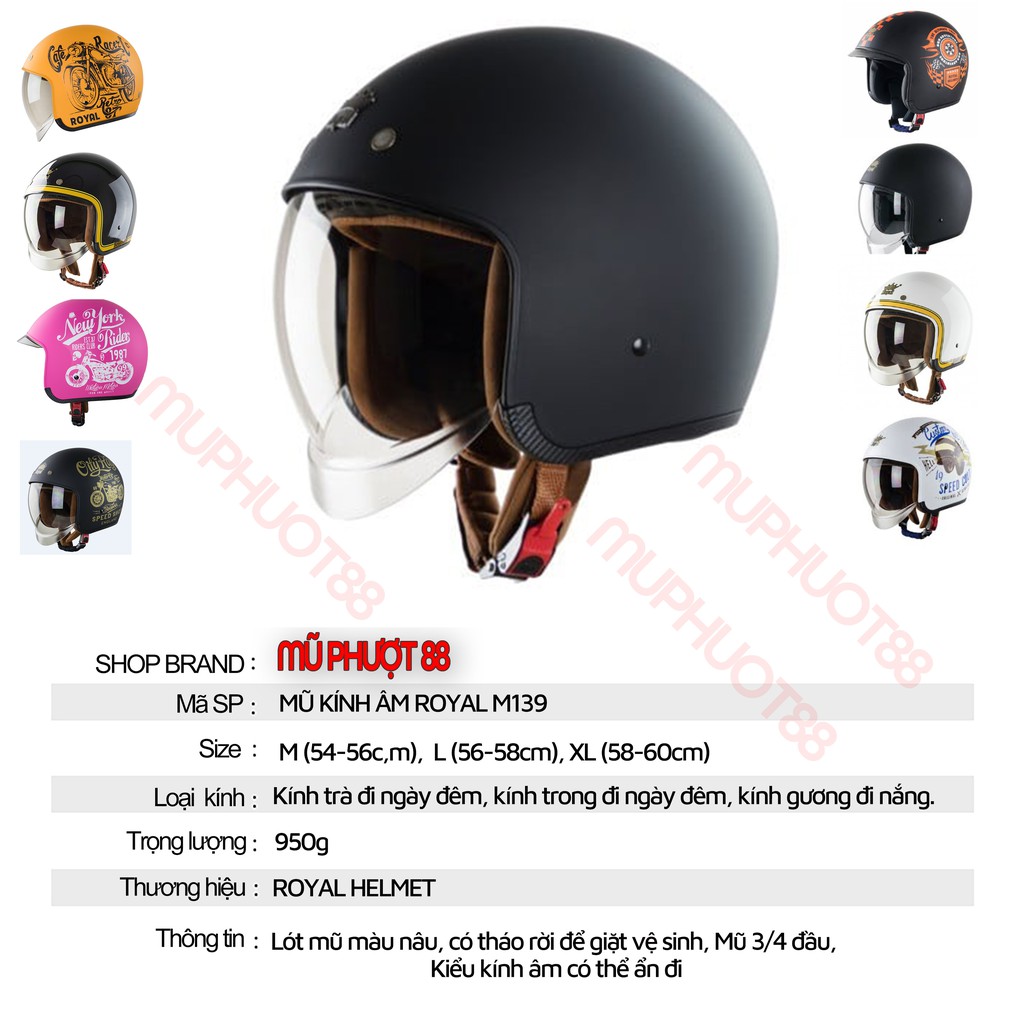 Nón bảo hiểm 3/4 Royal M139 kính âm đỏ đô nhám - Hàng chính hãng Royal Helmet