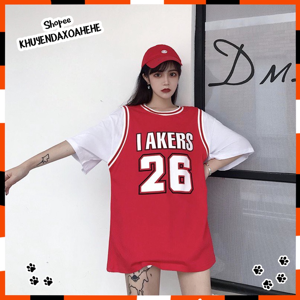 A008 Áo thun bóng rổ 26 form rộng tay lỡ unisex kiểu Hàn Quốc, áo phông thể thao nam nữ đen đỏ raglan ulzzang trẻ trung