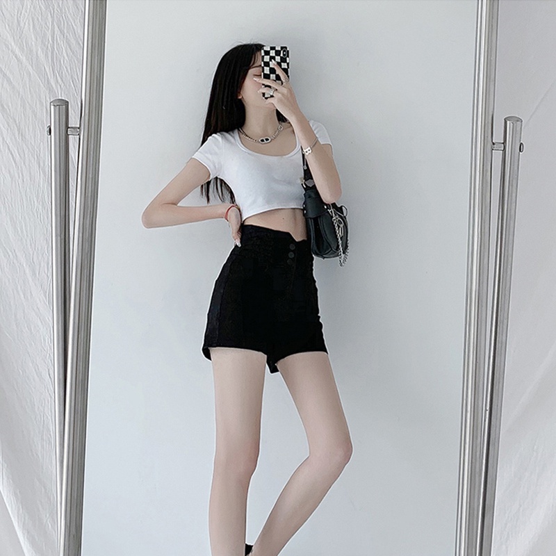 Quần Short Denim Màu Đen Lưng Cao Thời Trang Mùa Hè Phong Cách Hàn Quốc Cho Nữ
