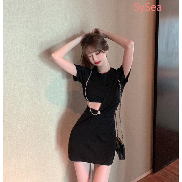 Đầm tay ngắn màu đen thiết kế cá tính thời trang mùa hè dành cho nữ