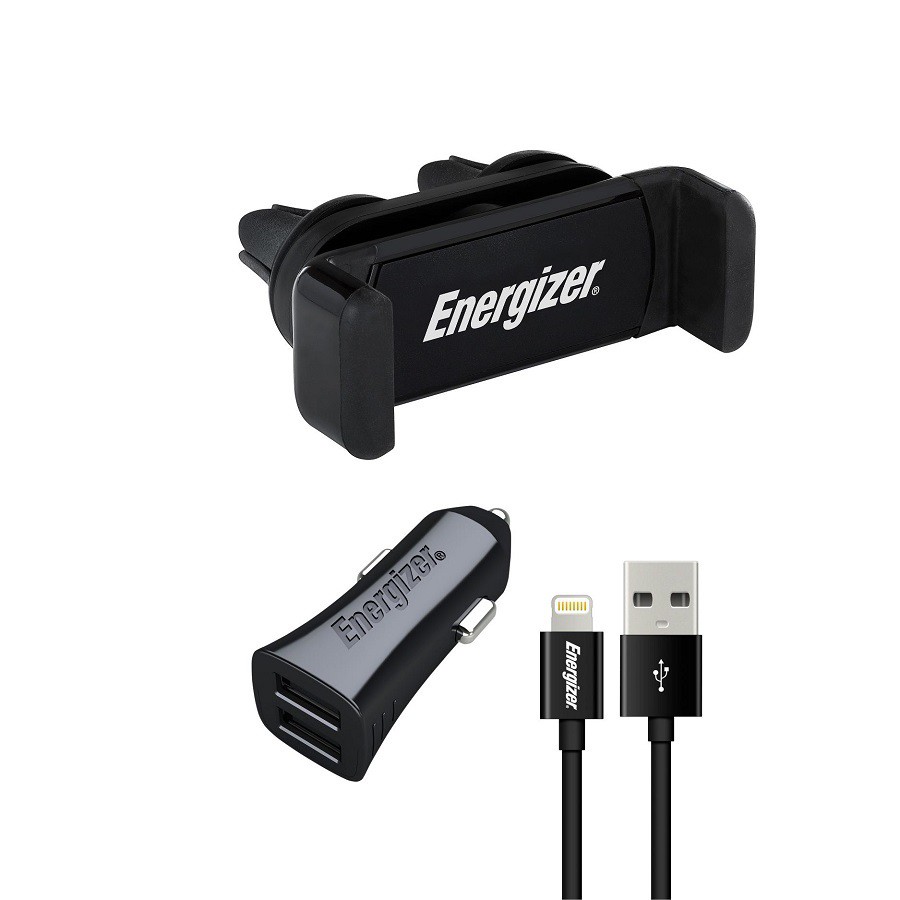 [Mã ELREHOT giảm 10% đơn 100K] Sạc xe hơi Energizer 2 cổng USB 3.4A - CKITB2CLI3. Kèm cáp Lightning và giá đỡ
