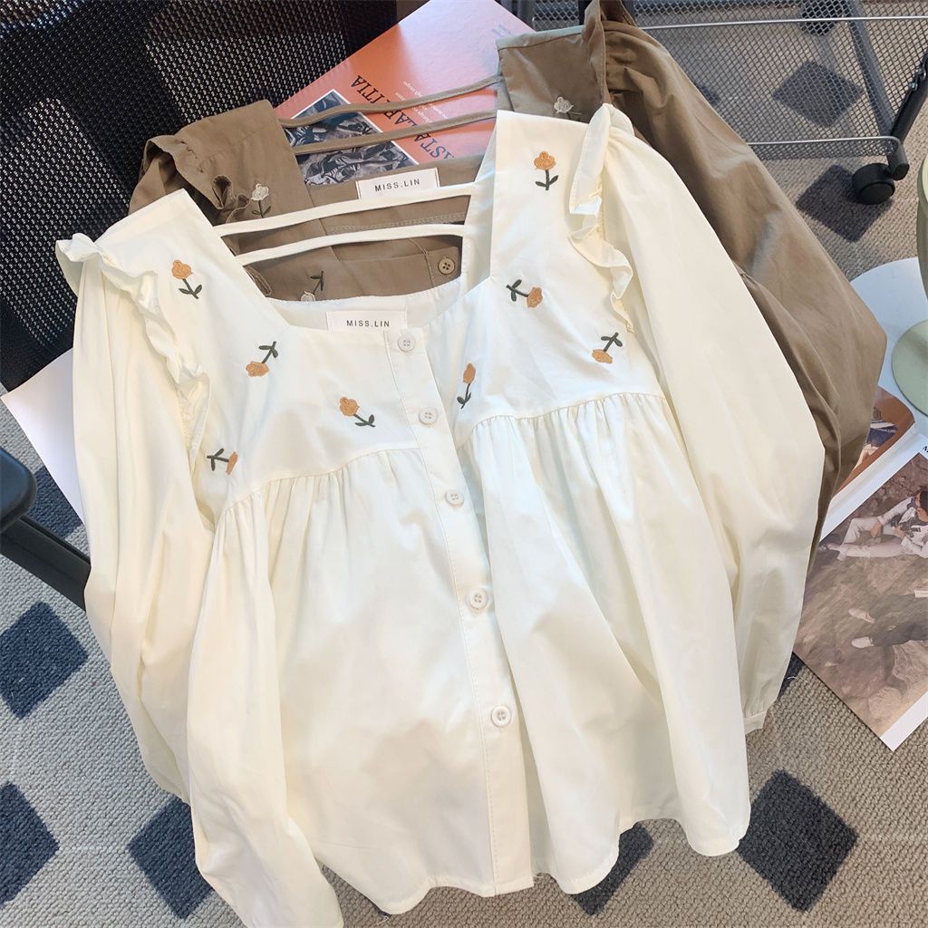 Áo Sơ Mi Ngắn Tay Dài Phồng Thêu Họa Tiết Thời Trang Mới Cho Nữ