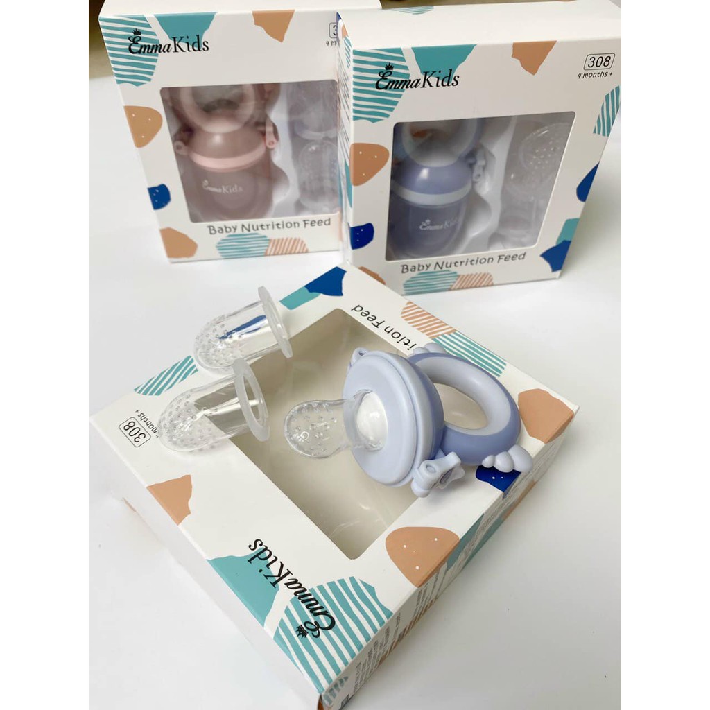 Set túi nhai trái cây và đồ ăn dặm chống hóc bằng silicon tặng kèm 2 túi thay thế cho bé cao cấp Emma Kids