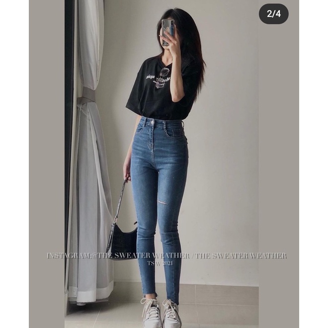 Quần skinny jeans xanh rách đùi cắt gấu trước ôm dáng phong cách trẻ trung siêu hot | BigBuy360 - bigbuy360.vn