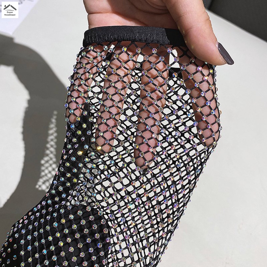 Giày bốt cao gót mũi nhọn vải lưới đính đá co giãn thời trang dành cho nữ