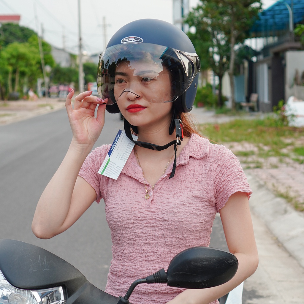 Mũ Bảo Hiểm 3/4 đầu GRO Helmet T818 có kính ngắn che nửa mặt, kiểu dáng thời trang cho nữ khóa kim loại - Xanh Than Nhám