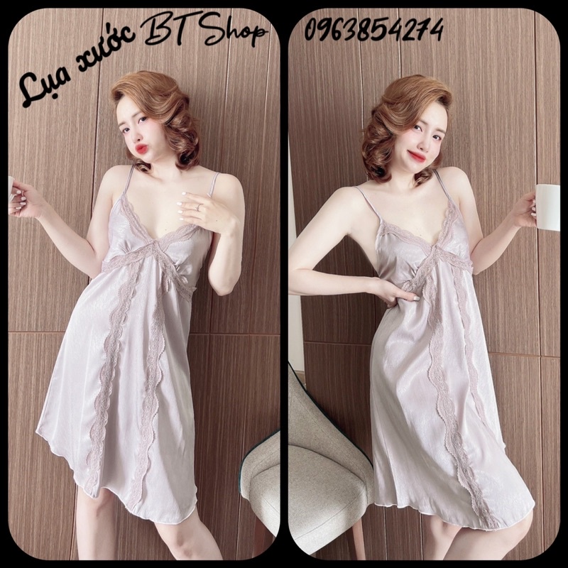 Váy đầm ngủ mặc nhà lụa 2 dây trơn freesize 42-57kg