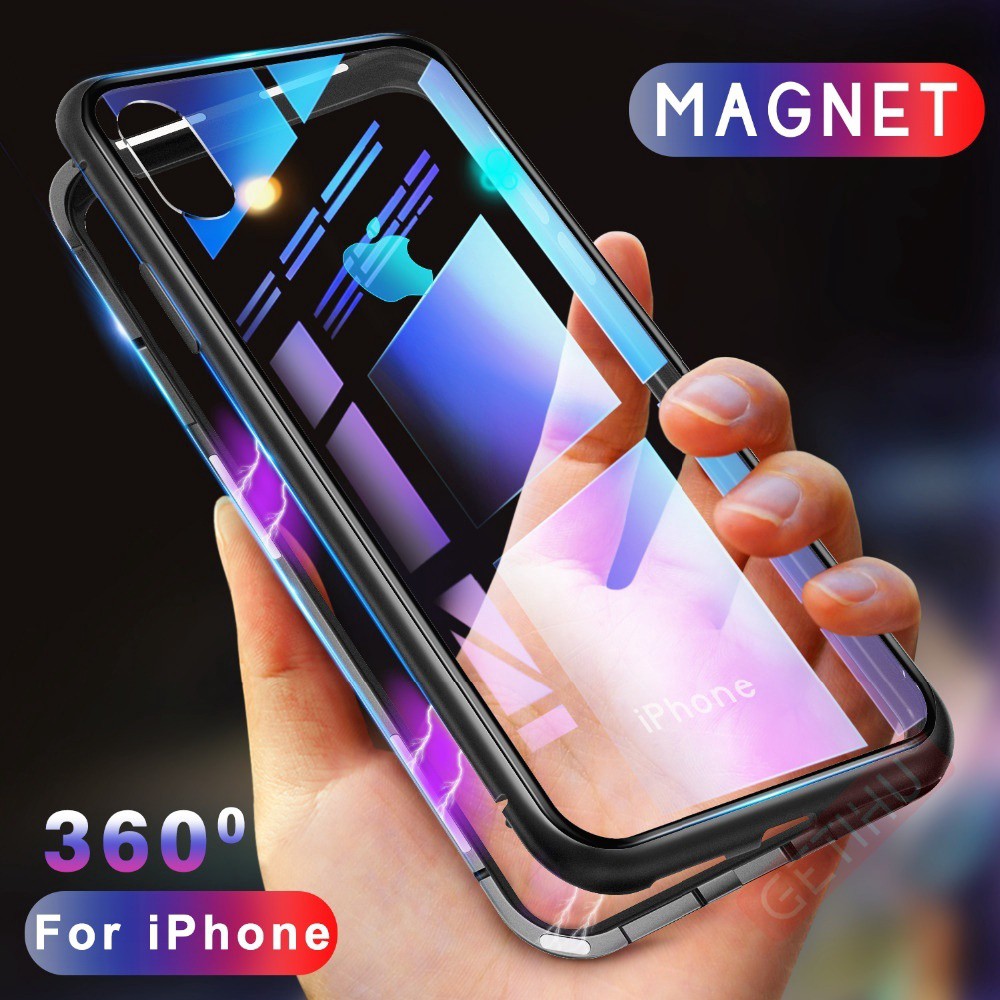 Ốp điện thoại cường lực khung kim loại từ tính cho iPhone 11 12 pro max mini X XR XS Max 8 Plus 7 6 6S Plus