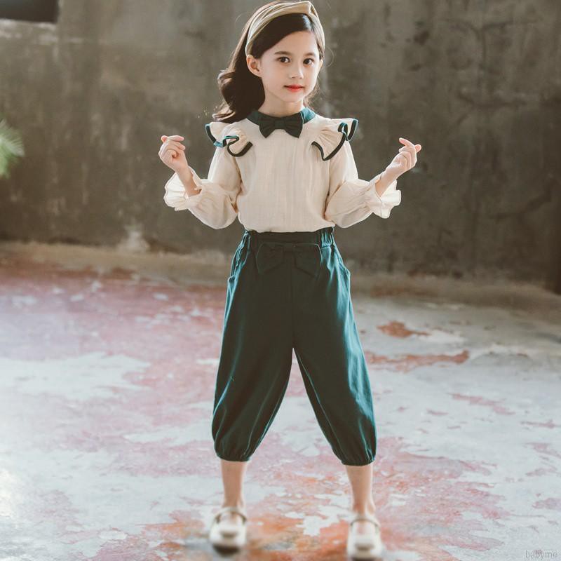 Bộ áo quần dài tay ống loe thắt nơ xinh xắn cho bé gái