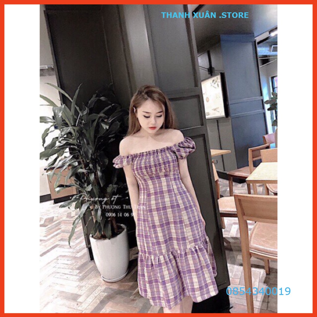 VÁY KẺ TÍM TRỄ VAI ĐUÔI CÁ CHO NỮ - ĐẦM MAXI CARO CỔ VUÔNG MÀU TÍM ULLZANG 👗 💝 - TXShop