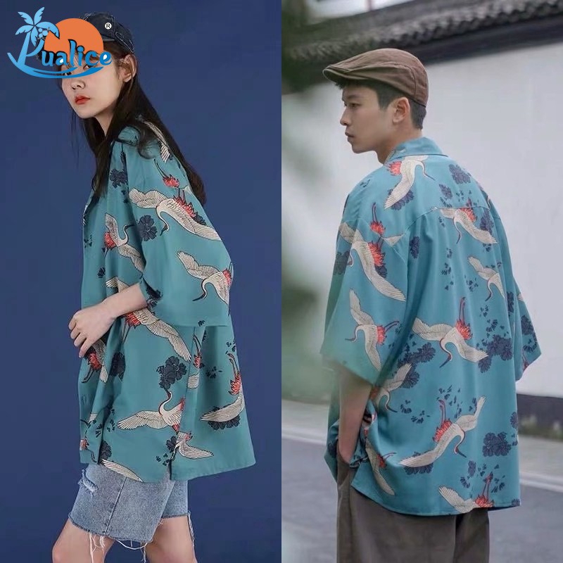 Japanese summer floating world meeting robe three-quarter sleeves Chinese style sunscreen retro men and women thin BF style men's shirt five points