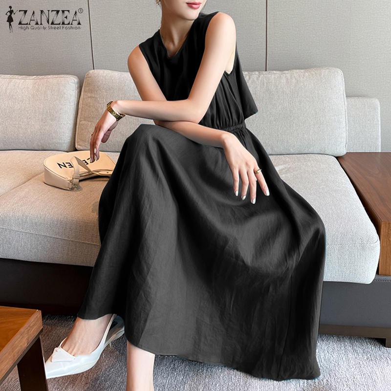 Đầm dài ZANZEA không tay cổ tròn phối dây rút thanh lịch thời trang cho nữ