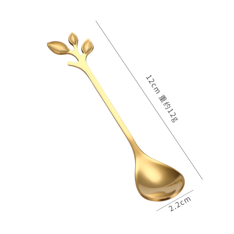 Thìa dĩa hình lá trái cây băngf thép mạ mầu vàng bạc , Muỗng Nĩa ăn trái cây Ô mai Huydecor