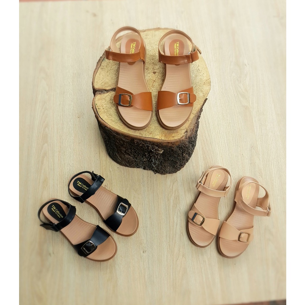 [MỚI VỀ] Sandal nữ quai ngang hậu cài NALLDOS, Quai da Microfiber, đế 3cm TPR đi học có 3 màu (Đen, Kem, Bò)
