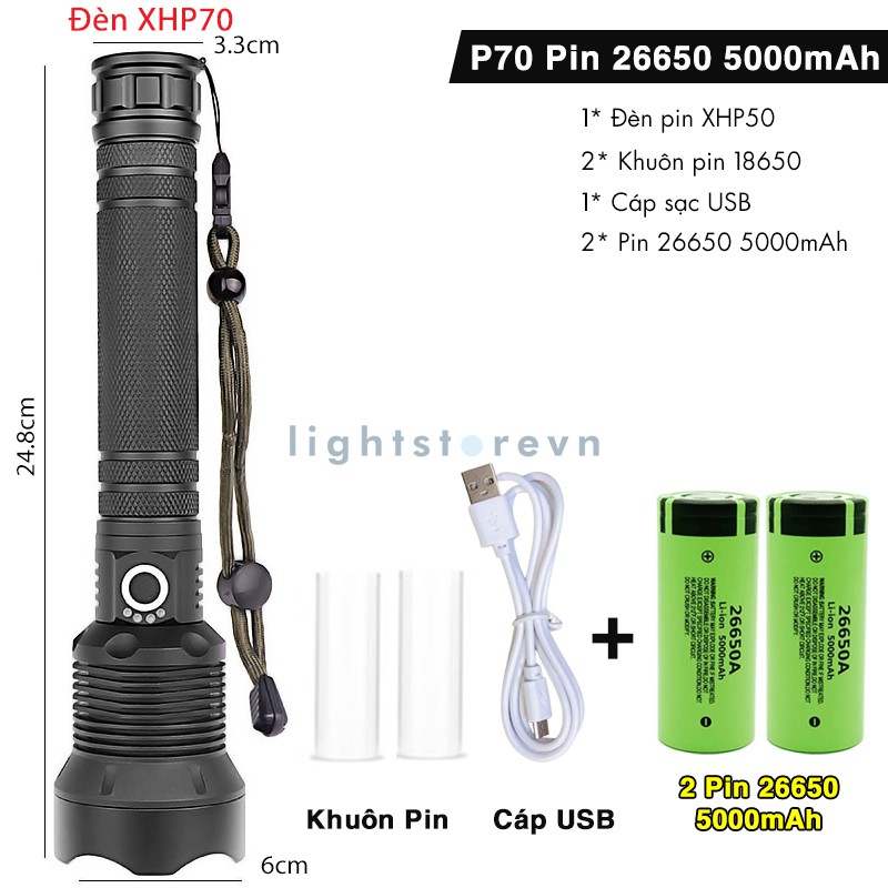 Đèn Pin XHP70 LED siêu sáng pin 26650 dung lượng lớn chuyên dụng cho các hoạt động ngoài trời (chuẩn loại 1, pin tốt)