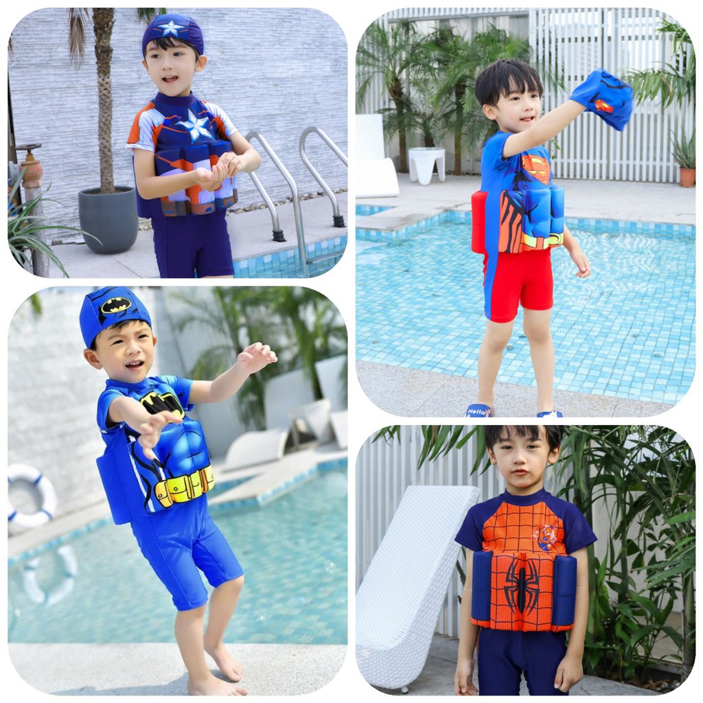 Bộ đồ bơi liền thân trợ nổi hoạ tiết siêu nhân kèm nón bơi - Đồ bơi bé trai BT75
