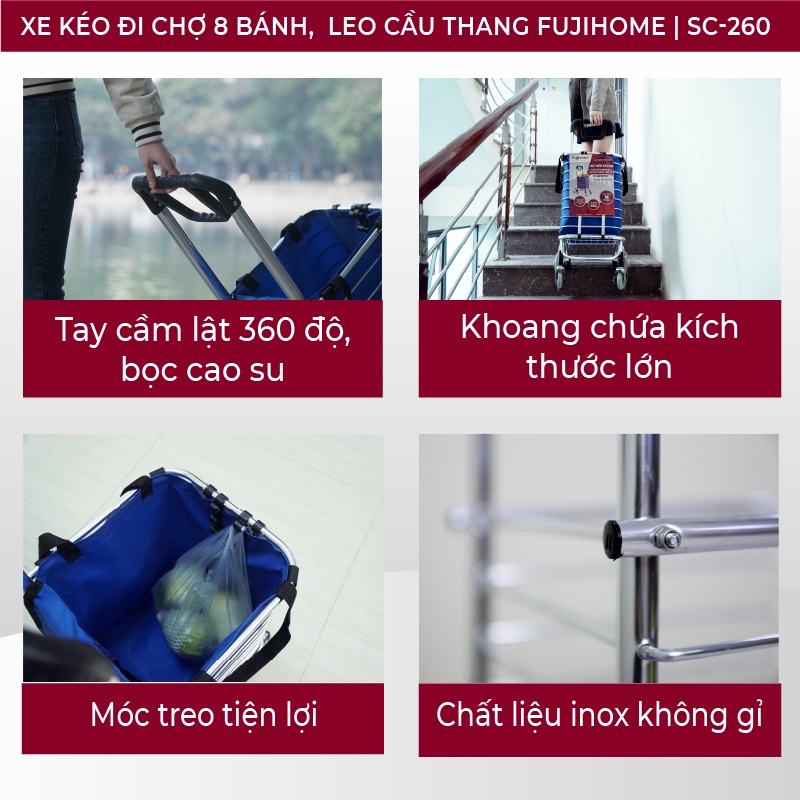 Xe kéo đi chợ leo cầu thang 8 bánh Nhật Bản Nhập Khẩu 60kg, xe đẩy hàng đi chợ gấp gọn có giỏ túi đa năng inox mini