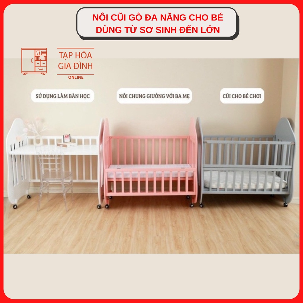 Nôi cũi gỗ đa năng phong cách Âu tặng màn phủ cho bé từ sơ sinh đến lớn