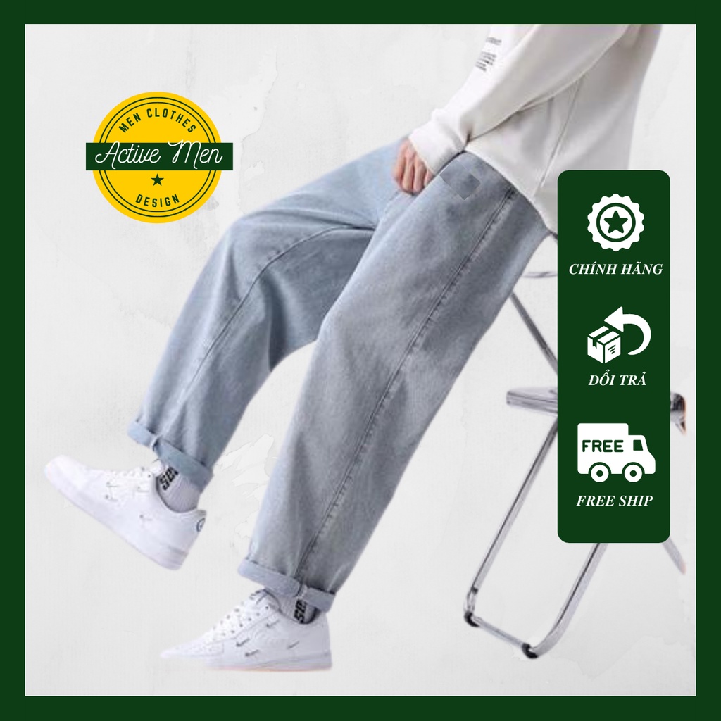 Quần Jeans Baggy Nam Cạp Chun Dây Nam, Nữ Chỉnh Eo Vừa Vặn- Form Rộng Màu Xanh