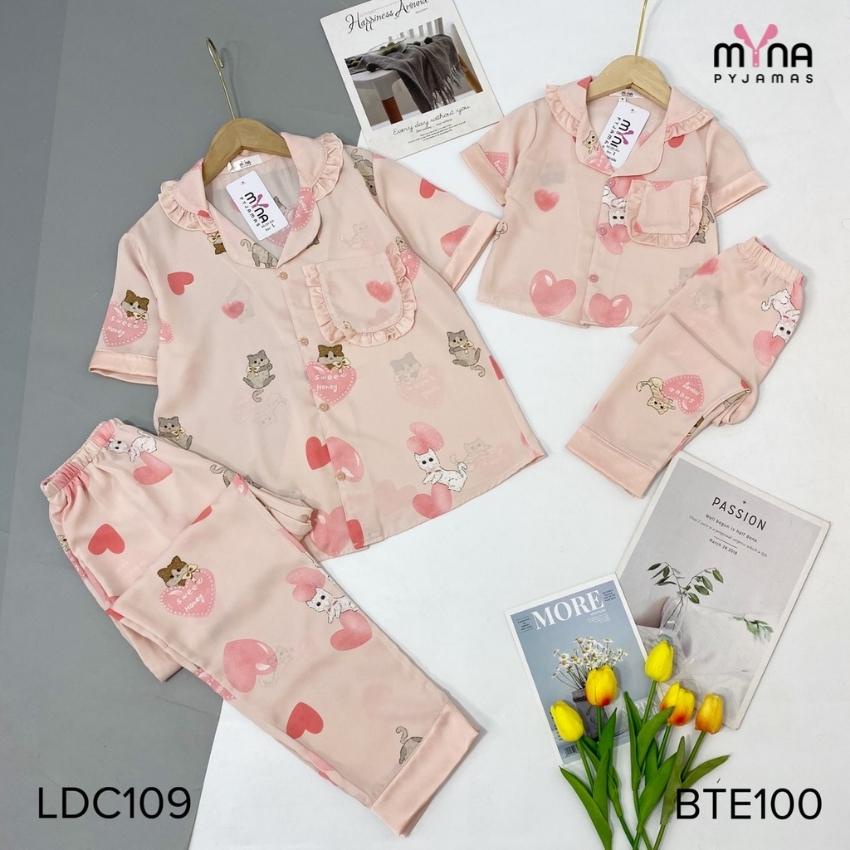 Bộ đồ ngủ ngắn tay mẹ và bé, bộ pijama cộc tay quần dài cổ bèo, chất lụa mango mịn mát