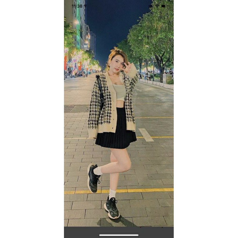 Hàng Sẵn_ Áo khoác len nữ cổ V houndstooth retro phong cách Hàn Quốc ulzzang