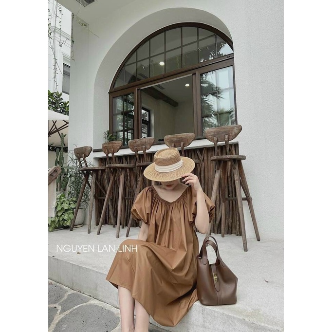 Đầm kate cổ thuyền tay hoa, đầm nữ mixi xếp ly không họa tiết