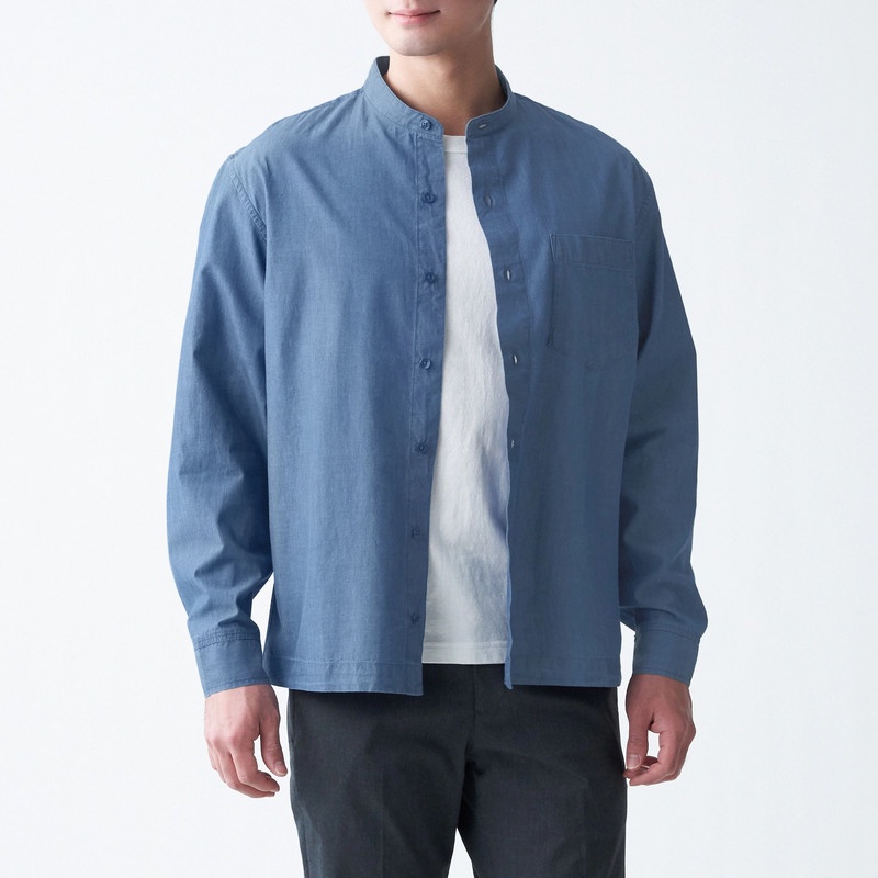 Muji Áo Sơ Mi Vải Chambray Cotton Ấn Độ Cổ Trụ