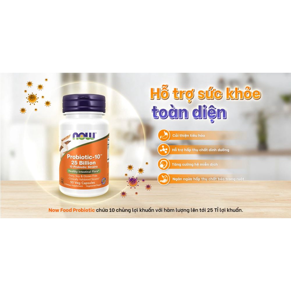 Viên Uống Now Probiotic 25 Billion Bổ Sung 10 Loại Lợi Khuẩn Hỗ Trợ Hấp Thu Chất Dinh Dưỡng (50 Viên)