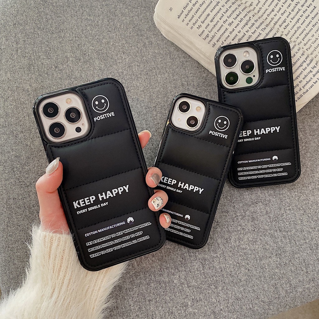 Ốp Điện Thoại Màu Đen Chống Sốc Họa Tiết Chữ Keep Happy Cho iPhone 14 / 13 / 12 / 11 / X / 8 / 7P