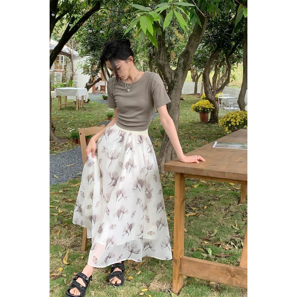 Set Áo Thun Ngắn Tay Và Chân Váy Chữ A Lưng Cao Xẻ Tà Thời Trang 61813