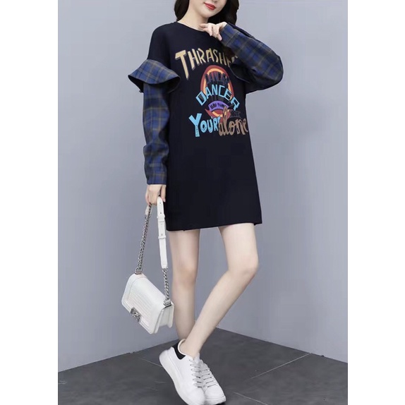 Váy Cotton Nỉ Pha Tay Sơ Mi Kẻ Ca Rô Phom Suông Dáng Trẻ Trung Năng Động - Thời Trang Nữ Thu Đông
