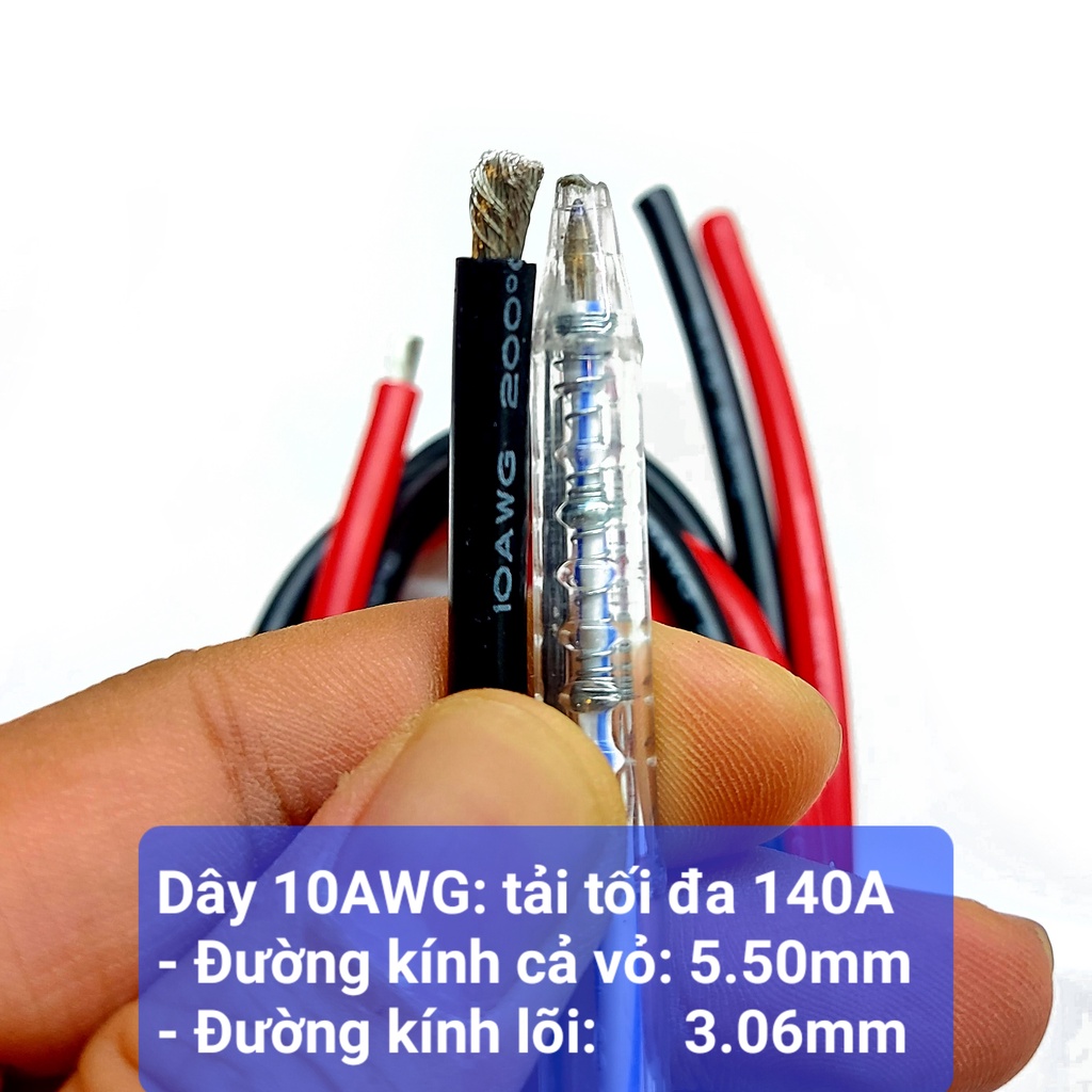Dây điện Silicone 10AWG chống cháy chịu nhiệt siêu mềm sẵn cose chịu tải 50A dây câu nối acquy RC cose lỗ 5