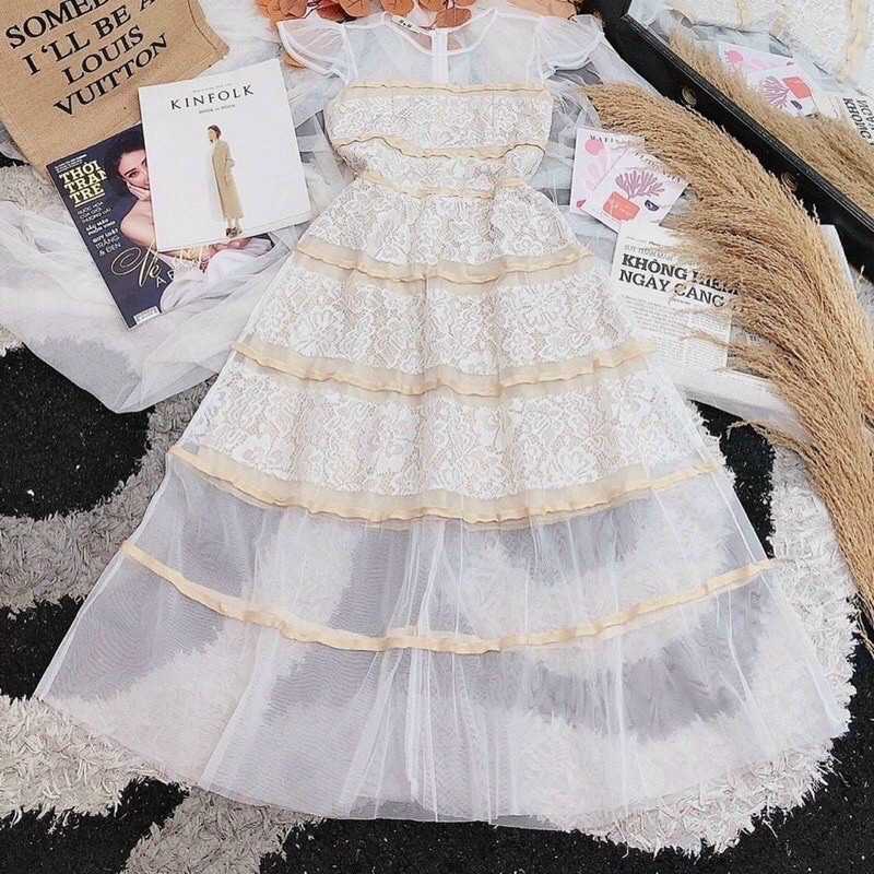 Đầm xoè ren viền màu nude