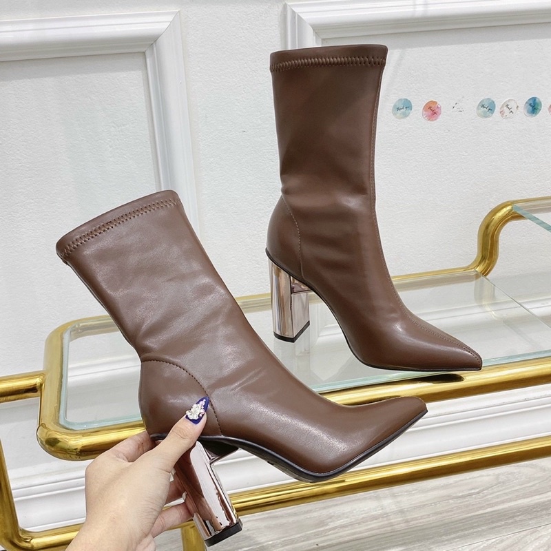 giày boot nữ bốt cổ cao gót gương bạc bigtree mũi nhọn da mềm cao cấp (fullbox)