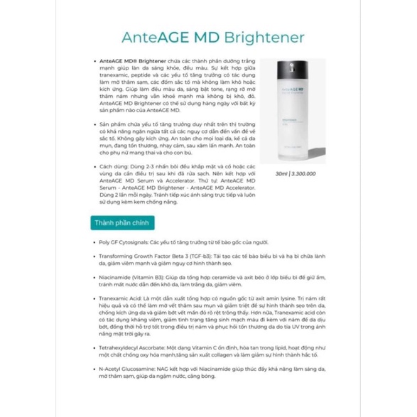 AnteAGE MD Brightener Dưỡng Sáng Trắng Sáng Mạnh, Giúp Làn Da Sáng Khoẻ