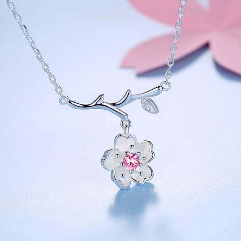 Dây chuyền nữ mạ bạc 925 liền mặt cành hoa anh đào hồng sáng đơn giản cực xinh trên Tiktok