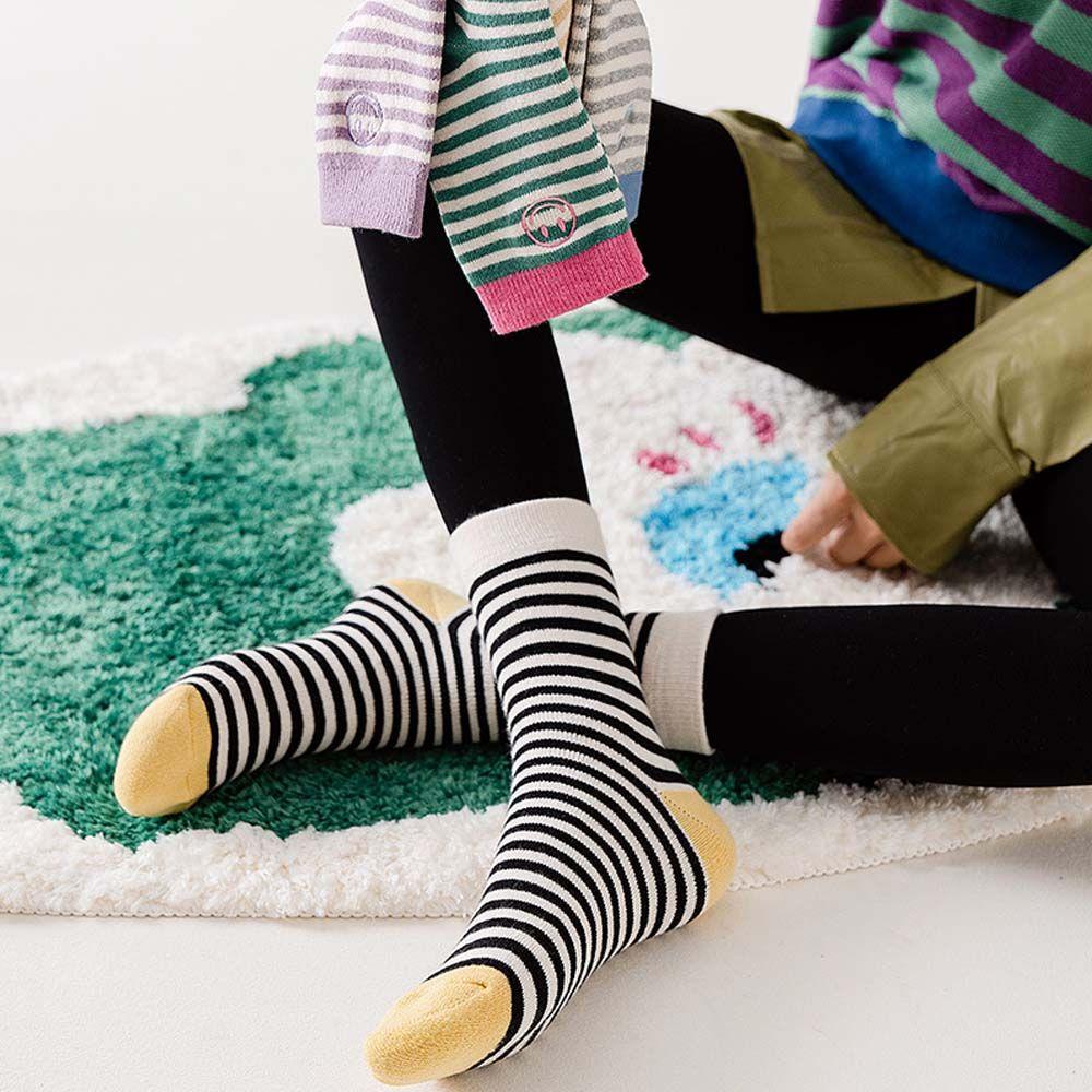 Vớ Ngủ Cotton Kẻ Sọc Thêu Hình Mặt Cười Dễ Thương Phong Cách Đại Học VANES1