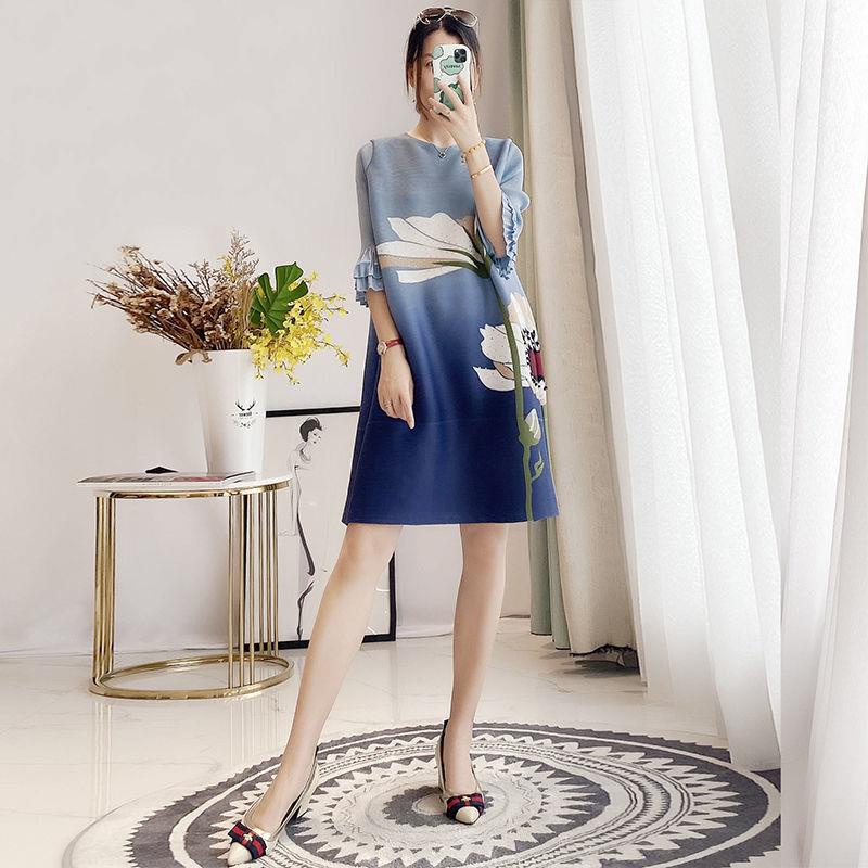 Đầm Dáng Chữ A Tay Áo Loe Xếp Ly 3 / 4 Thời Trang Xuân Hè Cho Nữ