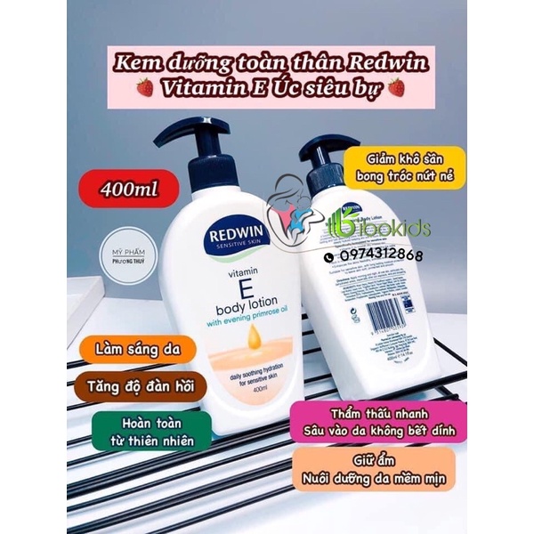 Dưỡng thể Redwin vitamin_E body_lotion chai to 400ml có vòi
