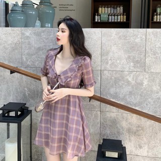 Đầm kẻ caro cổ sen tiểu thư