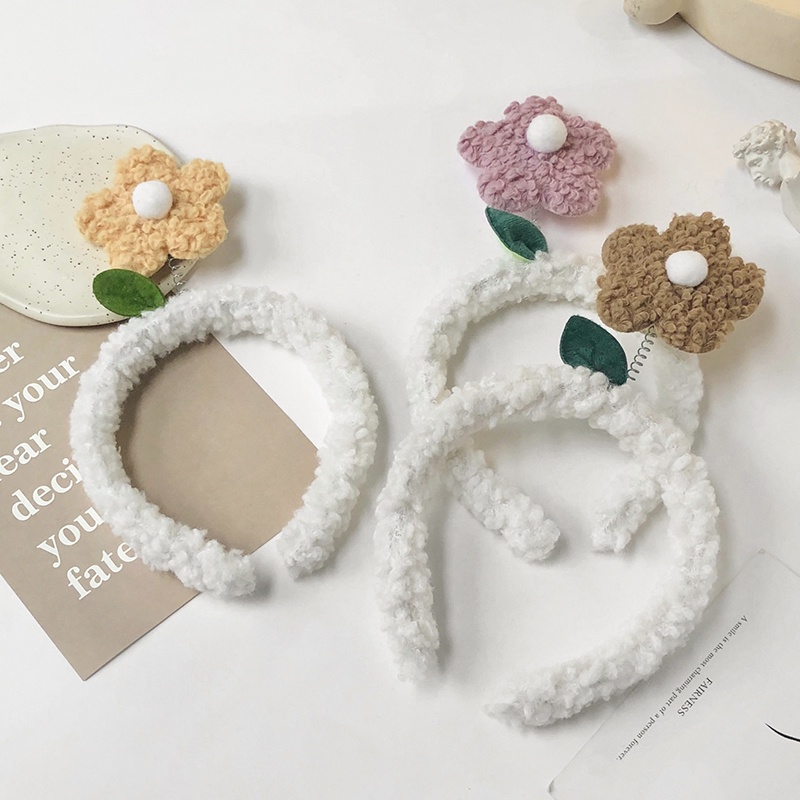 Băng Đô Cài Tóc Rửa Mặt Bằng Vải Lông Cừu Đính Hoa Nhỏ Dễ Thương Phong Cách Hàn Quốc Cho Nữ