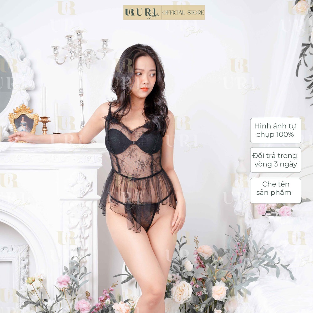Váy ngủ nữ ren xuyên thấu Black Cat đầm ngủ sexy trong suốt gợi cảm Uri Studio