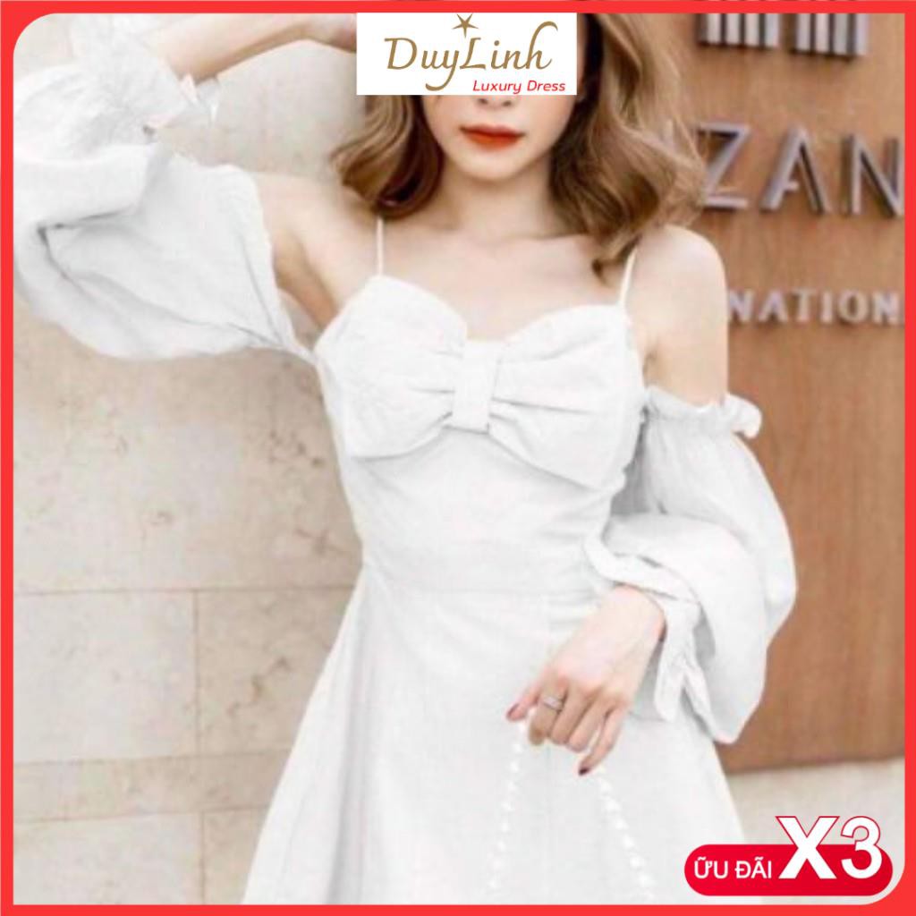 Đầm trắng trễ vai so cute phiên bản nơ ngực