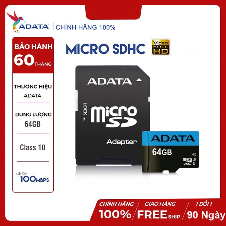 [CHÍNH HÃNG] Thẻ nhớ ADATA 64GB + Adapter UHS-I Class 10, Tốc độ đọc 100mb/s- Bảo Hành 60 tháng 1 đổi 1