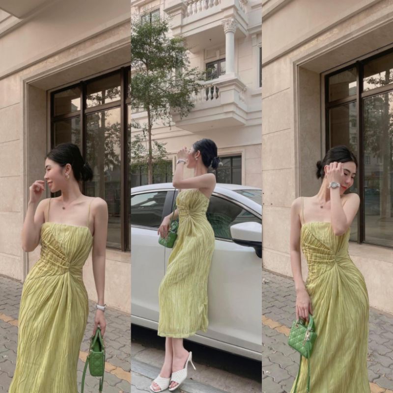 Đầm Maxi Hai Dây Ms.1122 Đầm Thiết Kế Xếp Ly Eo Lạ Mắt, Chất Thun Vân Nổi Hai Lớp, Chất Co Dãn Tốt
