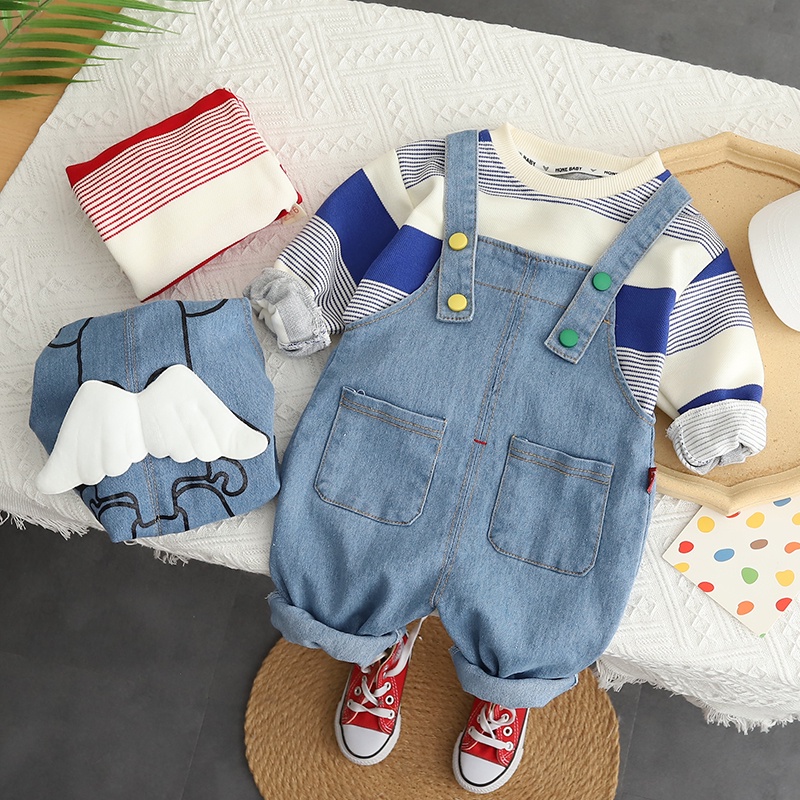 Set Áo Thun Tay Dài Cổ Tròn Kẻ Sọc Ngang + Quần Yếm Denim Phong Cách Hàn Quốc Thời Trang Cho Bé Trai Gái Kích Thước 80-120cm