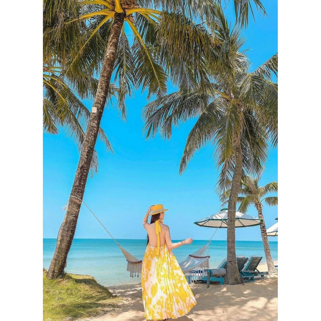 Đầm maxi vàng cổ yếm dập ly Hakieu Msp033 ( hình sàn chụp thật) | BigBuy360 - bigbuy360.vn