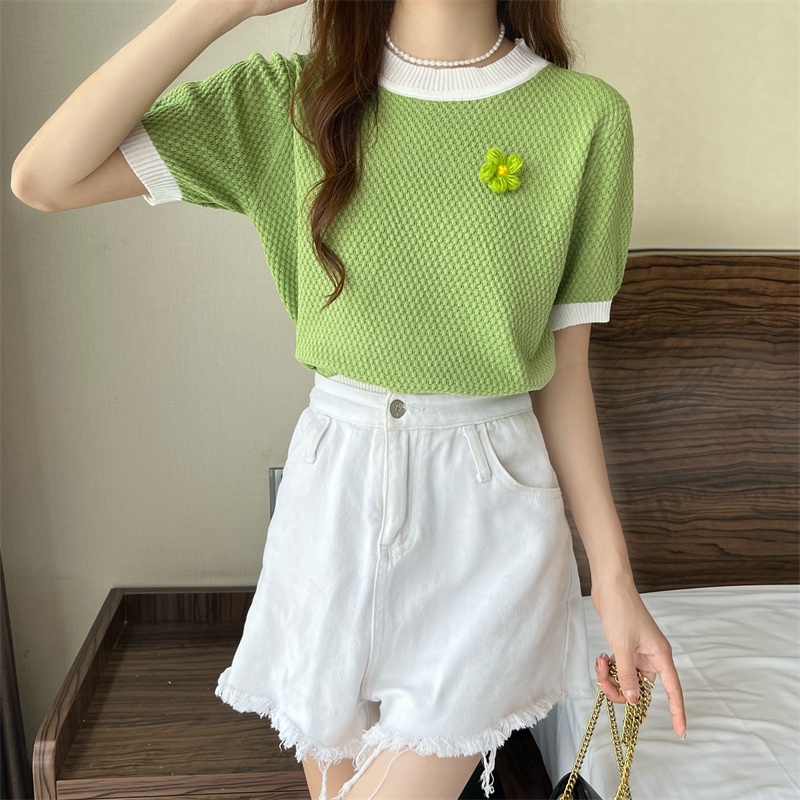 Áo thun dệt kim ZHELIHANGFEI tay ngắn thêu hoa xinh xắn thời trang